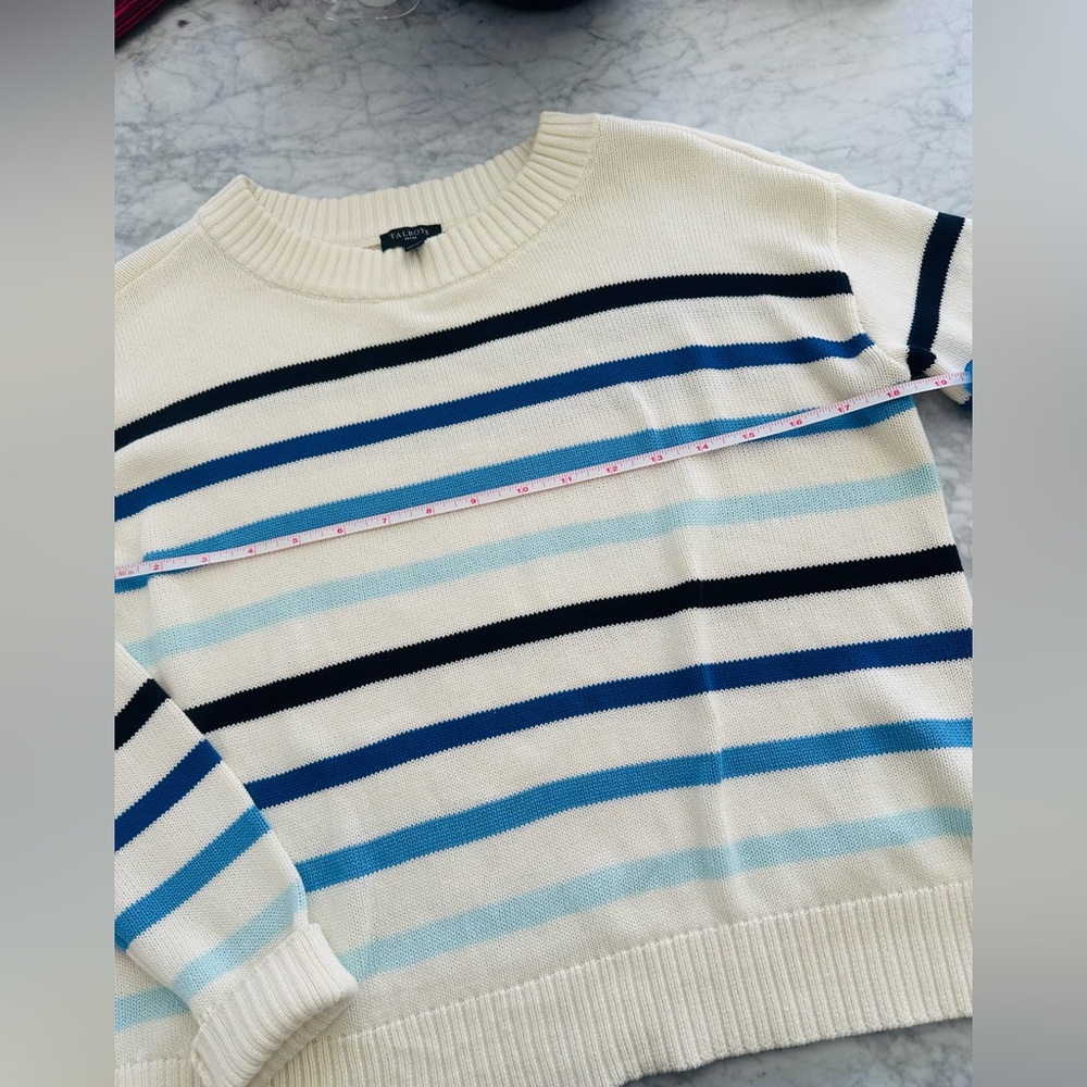 Talbots Cream and Blue Boxy 💯 Pima Cotton Striped Sweater - Picture 5 of 9